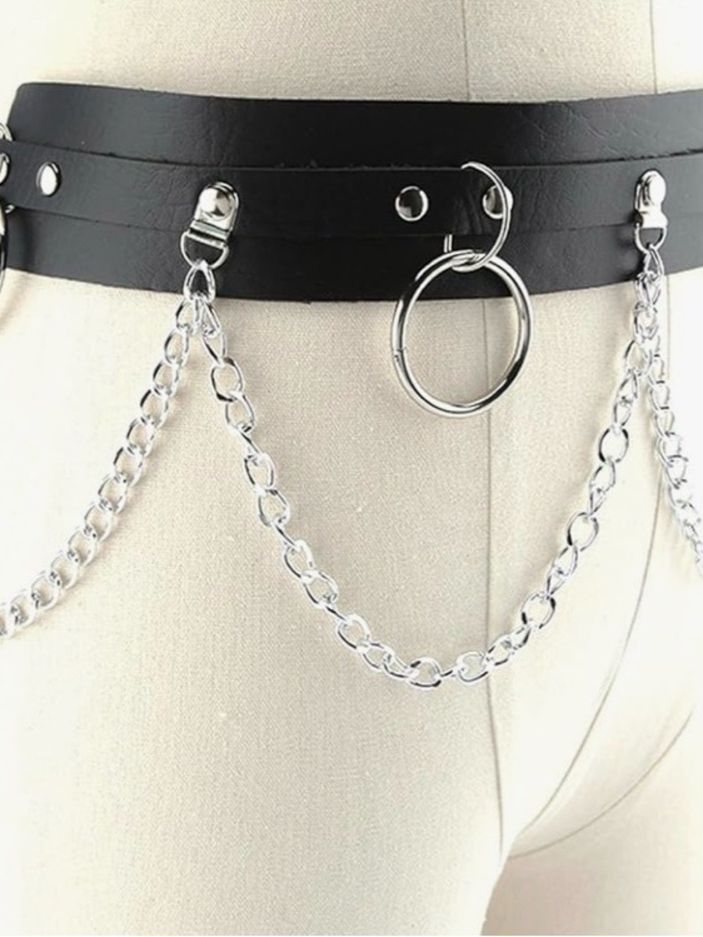 Black Faux Leather Goth Punk Chain Belt with Silver Rings